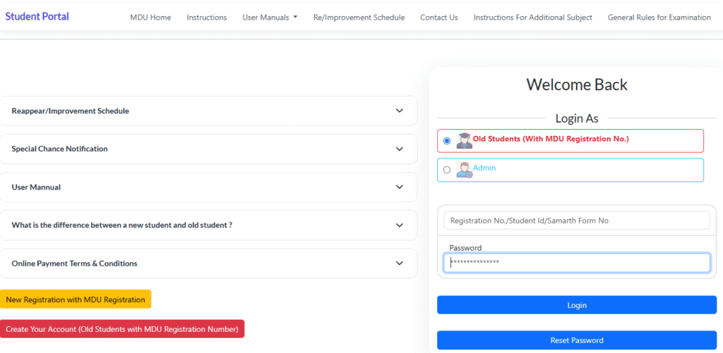 MDU Student Portal New Registration