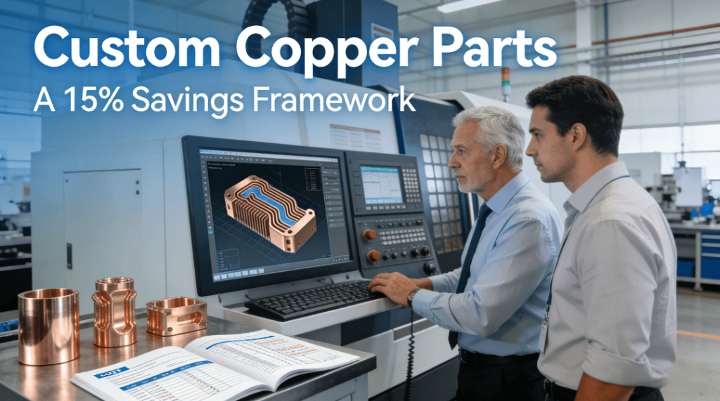 Engineering and project management professionals in a modern factory evaluate a complex copper heat exchanger part on a 5-axis CNC machine's monitor, with prototypes and cost analysis documents nearby, representing the strategic approach to achieving 15% cost savings.