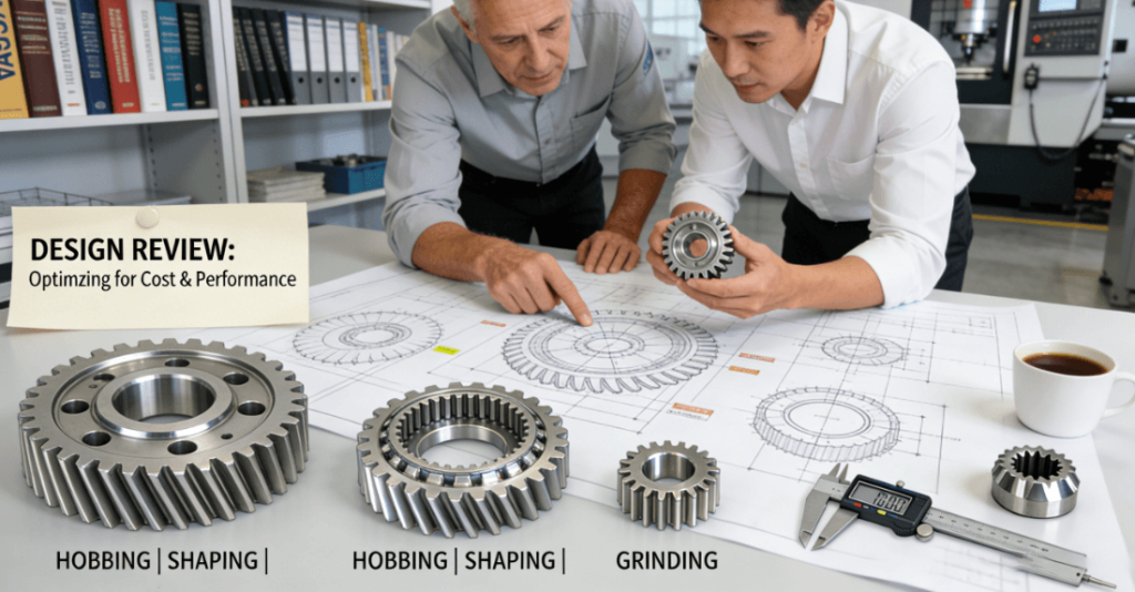 A manufacturing engineer and a client discuss gear design optimization over detailed drawings and physical gear samples (hobbing, shaping, grinding) in a professional industrial setting.